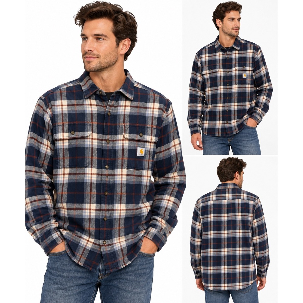 Carhartt Mens Loose Fit Flannel Shirt Navy Plaid Heavyweight Cotton Small